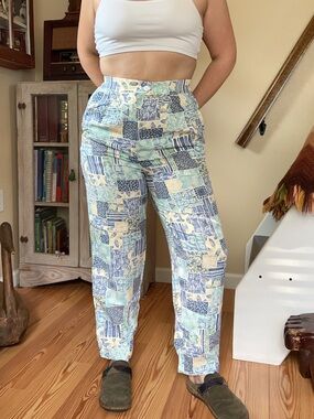 Vintage 80s Pastel Abstract Floral Pants Patchwork Geometric Art Print High Rise